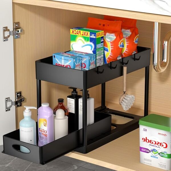 PUILUO Under Sliding Cabinet Basket Organizer, 2 Tier Under Sink Organizers Black Under Sink Storage for Bathroom Kitchen